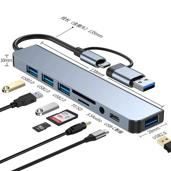 USB C Hub USB Splitter 8 in 2 USB Extender with 4 USB Port 1 USBC Port TF/SD Card Reader Audio Output Compatible with MacBook