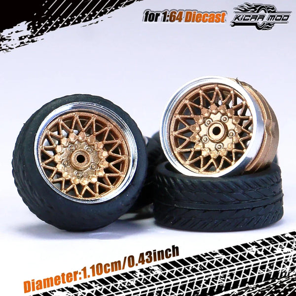 Kicarmod 1/64 Model Car ABS Wheels with Rubber Tire Rivet Axle Metal Rims Diameter 11mm Refitting Parts For Model Car Hot Wheels