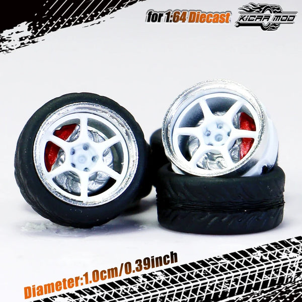 Kicarmod 1/64 Model Car ABS Wheels with Rubber Tire Brake Disc Metal Rims Diameter 10mm Refitting Parts For Model Car Hot Wheels