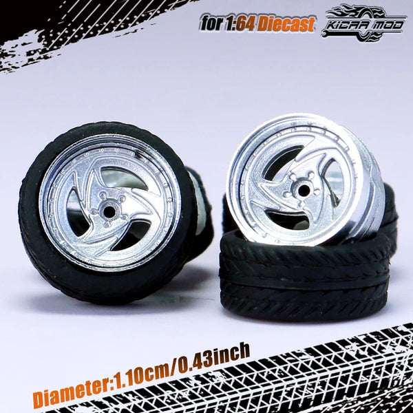 Kicarmod 1/64 Model Car ABS Wheels with Rubber Tire Rivet Axle Metal Rims Diameter 11mm Refitting Parts For Model Car Hot Wheels