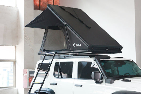 WEIER WERT-001S Vehicle Hard shell Triangle Roof Top Tent - For Car / RV / Pickup / Van / Camper / 4x4 - 2 Person 300Kg + 7mm Mattress + Ladder + LED Light + Shoe Bag