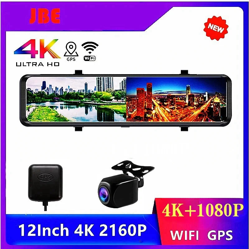 4K 3840*2160P 12Inch  Dual Lens Dash Cam WIFI GPS APP Rear View Mirror Camera Touch Screen Streaming Video Recorder Car DVR