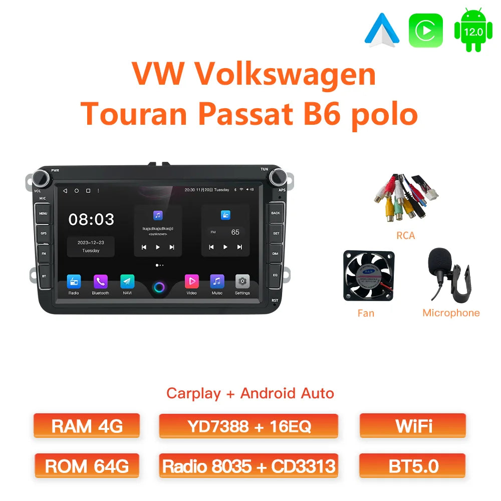 GATAXASKY 8" Car Radio multimedia player For VW Volkswagen Passat B7 B6 Golf Touran Polo Tiguan Jetta 2 din Android 12 Carplay