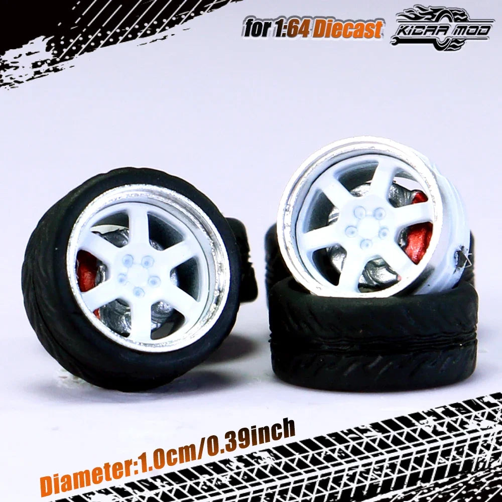 Kicarmod 1/64 Model Car ABS Wheels with Rubber Tire Brake Disc Metal Rims Diameter 10mm Refitting Parts For Model Car Hot Wheels