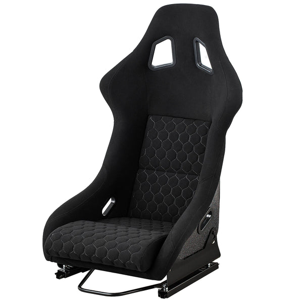 Size L Piece of Universal Fiber Glass Racing Bucket Seat, Black Fabric White Diamond Stitch w/Dual Lock slider And L Shape Brack