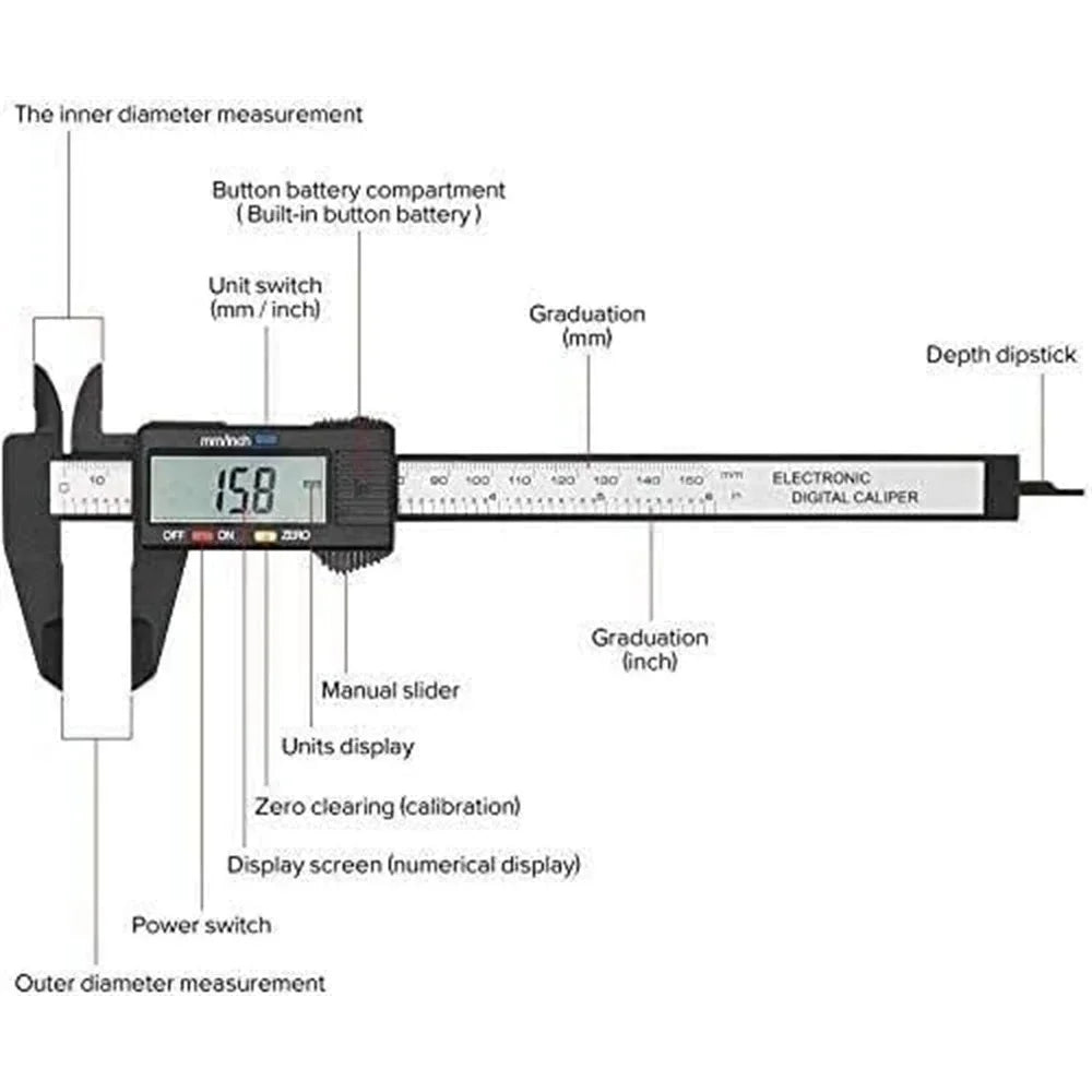 Electronic Digital Caliper Inch/Metric Conversion 0-6 Inch/150 Mm Carbon Fiber Gauge Micrometer Extra Large LCD Measuring Tool