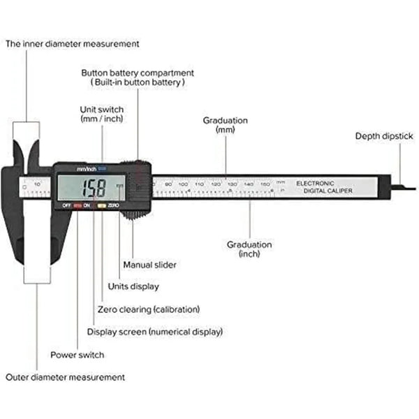 Electronic Digital Caliper Inch/Metric Conversion 0-6 Inch/150 Mm Carbon Fiber Gauge Micrometer Extra Large LCD Measuring Tool