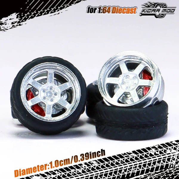 Kicarmod 1/64 Model Car ABS Wheels with Rubber Tire Brake Disc Metal Rims Diameter 10mm Refitting Parts For Model Car Hot Wheels