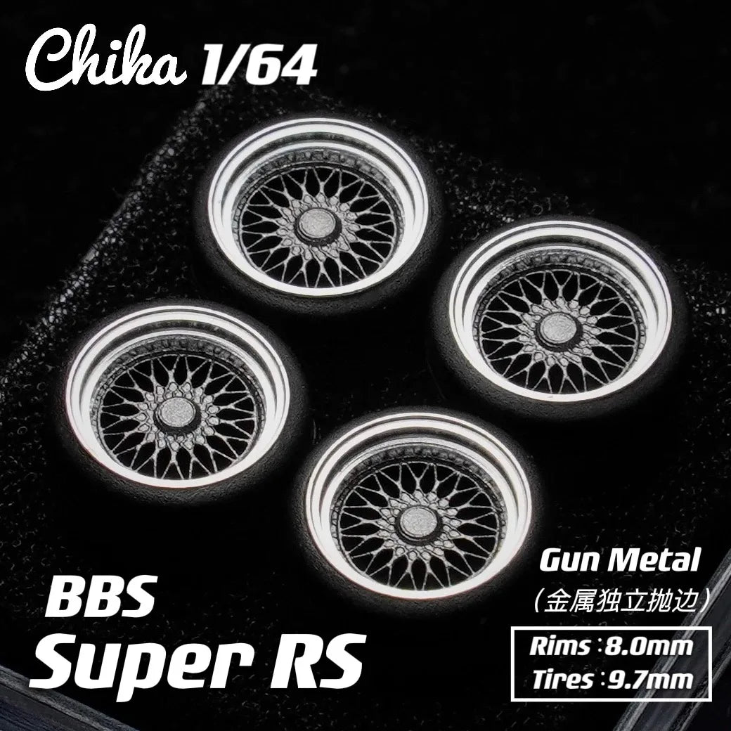 1/64 Chika  Wheels with Rubber Tires Model Car Modified Parts BBS RS  JDM VIP For Hotwheels Tomica MiniGT （Supplied with axle）