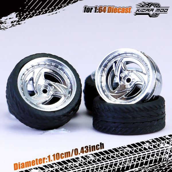 Kicarmod 1/64 Model Car ABS Wheels with Rubber Tire Rivet Axle Metal Rims Diameter 11mm Refitting Parts For Model Car Hot Wheels