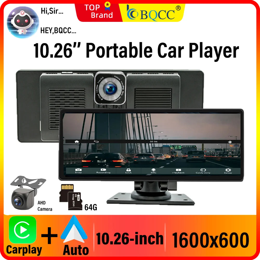 BQCC 10.26 Inch Portable Wireless Carplay Screen HD Rear Reversing Camera Car Radio DVR MP5 Multimedia Video Player Android Auto