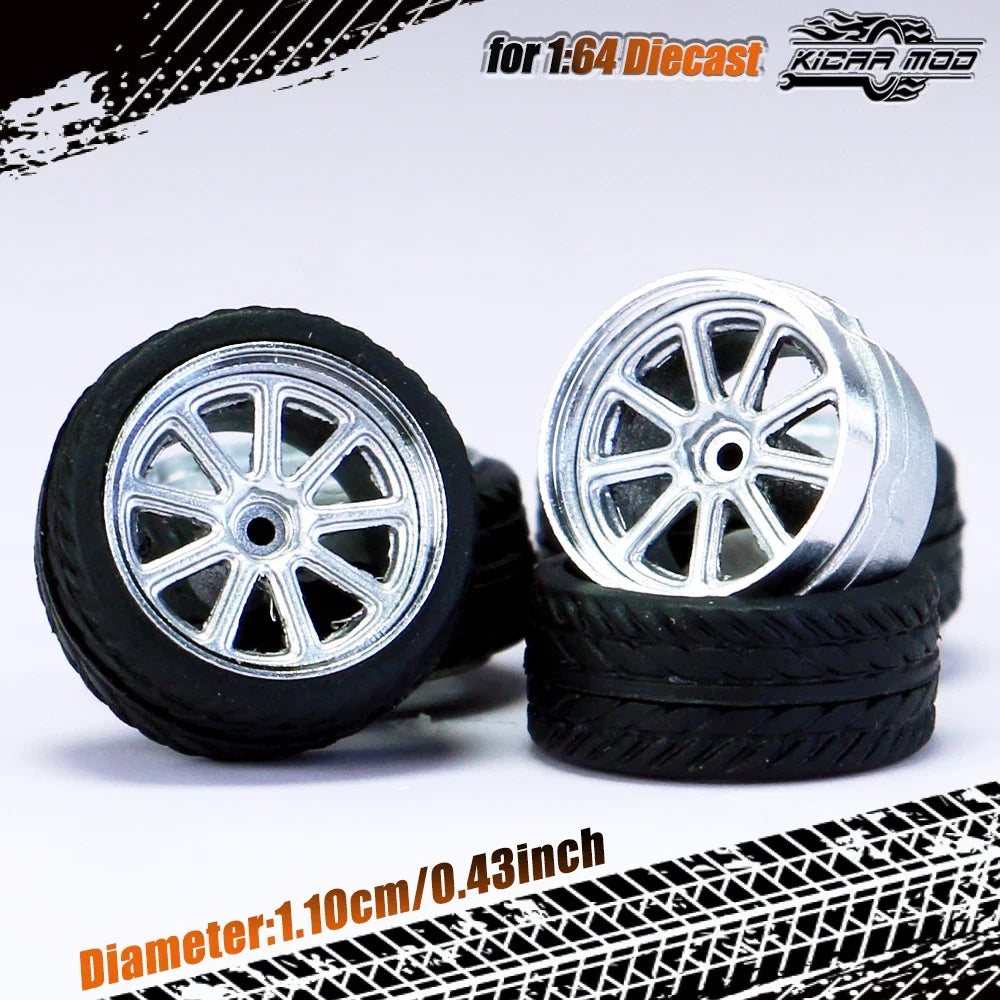 Kicarmod 1/64 Model Car ABS Wheels with Rubber Tire Rivet Axle Metal Rims Diameter 11mm Refitting Parts For Model Car Hot Wheels