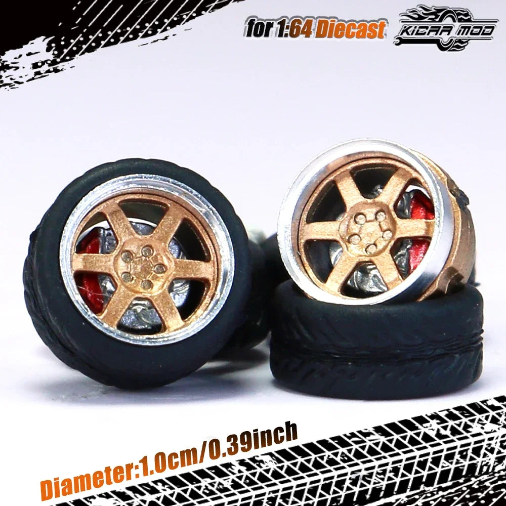 Kicarmod 1/64 Model Car ABS Wheels with Rubber Tire Brake Disc Metal Rims Diameter 10mm Refitting Parts For Model Car Hot Wheels