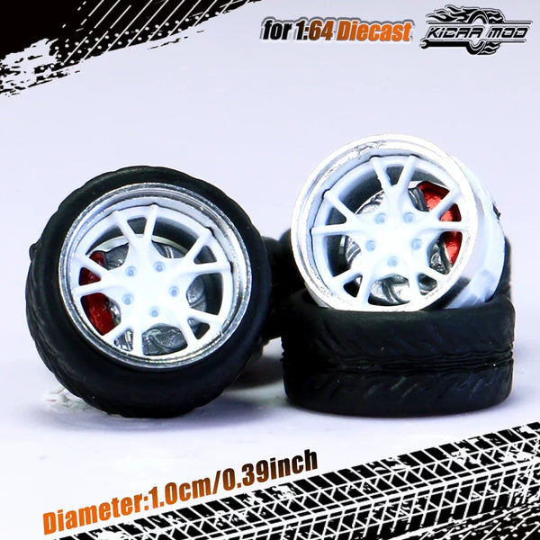 Kicarmod 1/64 Model Car ABS Wheels with Rubber Tire Brake Disc Metal Rims Diameter 10mm Refitting Parts For Model Car Hot Wheels