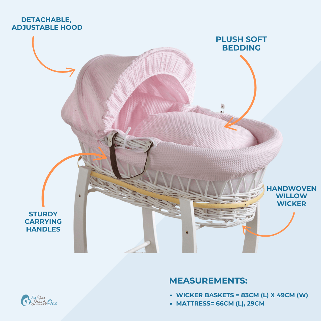 Blue Waffle Grey Wicker Baby Moses Basket With Stand