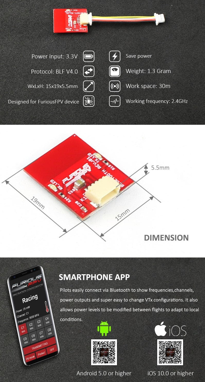 FuriousFPV Bluetooth Module (Racepit, Stealth VTX, F-35)