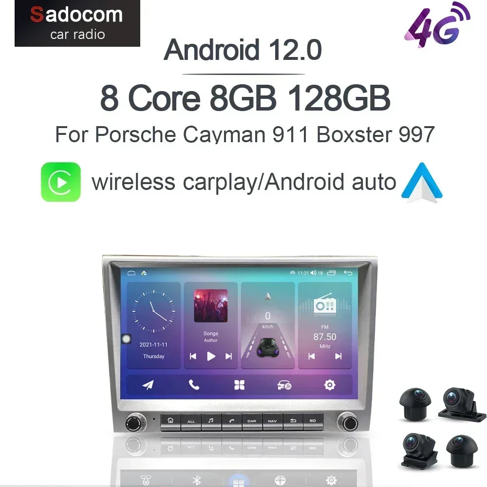 720P CarPlay 8" 2 din grey Android 12.0 Car player 8 Core 8GB multimedia GPS autoradio For Porsche 911 997 987 Cayman Boxster