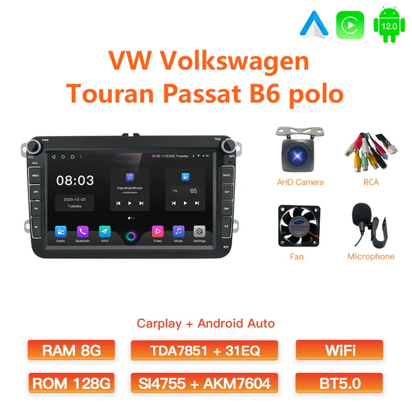 GATAXASKY 8" Car Radio multimedia player For VW Volkswagen Passat B7 B6 Golf Touran Polo Tiguan Jetta 2 din Android 12 Carplay