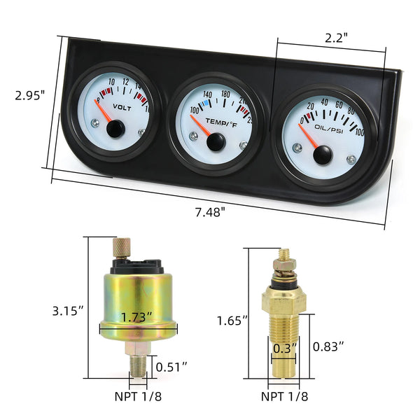 3 in 1 Voltmeter 8-16V Water Temp 100-250°F 0-100psi Oil Pressure Gauge Kit With Sensor Triple Mete For Car SUV Truck