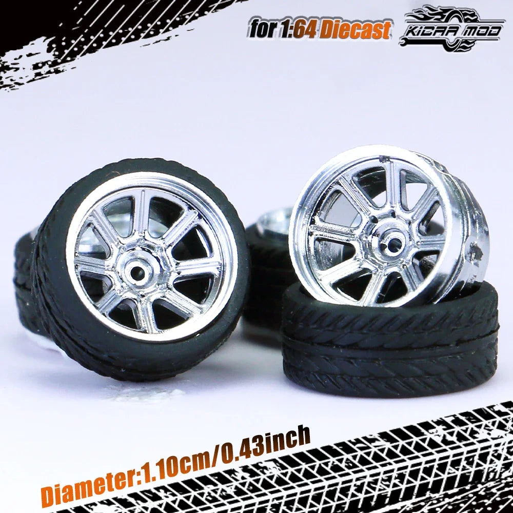 Kicarmod 1/64 Model Car ABS Wheels with Rubber Tire Rivet Axle Metal Rims Diameter 11mm Refitting Parts For Model Car Hot Wheels