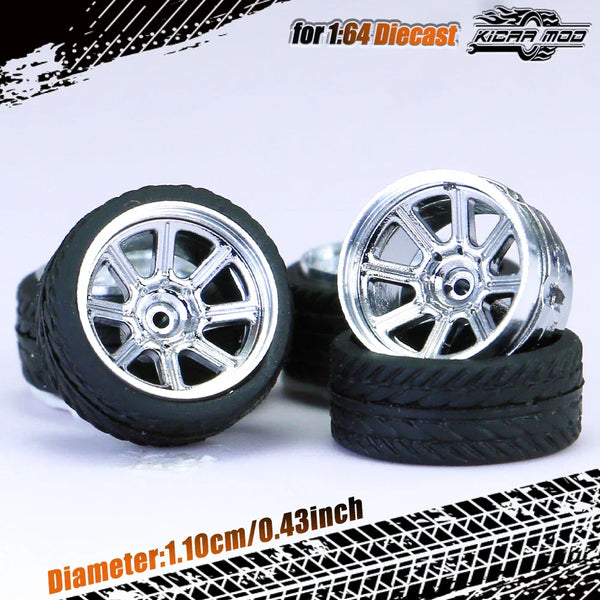 Kicarmod 1/64 Model Car ABS Wheels with Rubber Tire Rivet Axle Metal Rims Diameter 11mm Refitting Parts For Model Car Hot Wheels