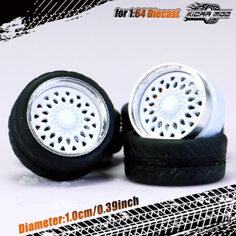 Kicarmod 1/64 Model Car ABS Wheels with Rubber Tire Brake Disc Metal Rims Diameter 10mm Refitting Parts For Model Car Hot Wheels