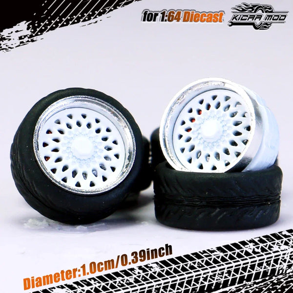 Kicarmod 1/64 Model Car ABS Wheels with Rubber Tire Brake Disc Metal Rims Diameter 10mm Refitting Parts For Model Car Hot Wheels