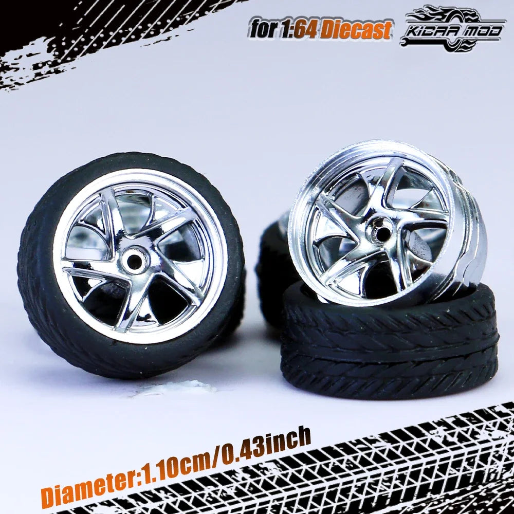 Kicarmod 1/64 Model Car ABS Wheels with Rubber Tire Rivet Axle Metal Rims Diameter 11mm Refitting Parts For Model Car Hot Wheels