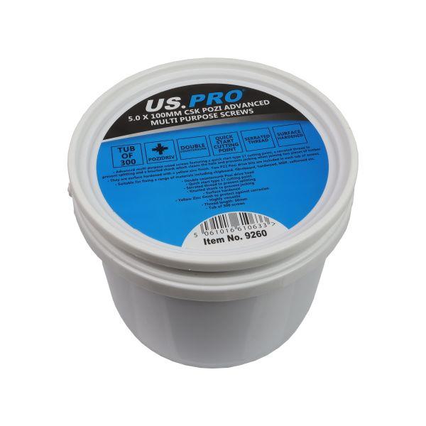 US PRO Tools 5.0 X 100MM CSK Pozi Advanced Multi Purpose Screws - Tub 300 9260