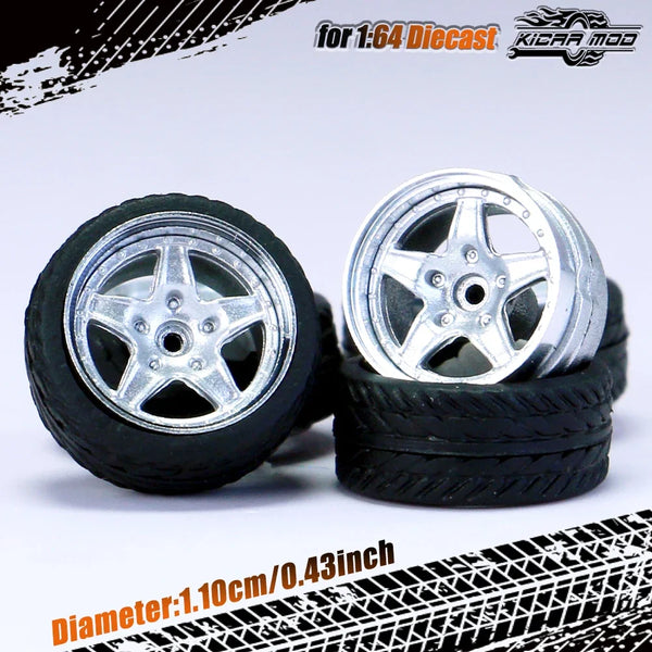 Kicarmod 1/64 Model Car ABS Wheels with Rubber Tire Rivet Axle Metal Rims Diameter 11mm Refitting Parts For Model Car Hot Wheels