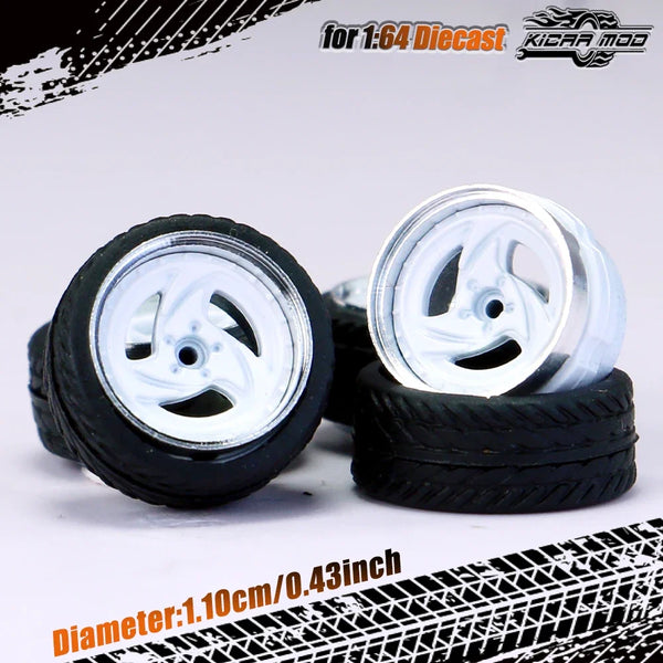 Kicarmod 1/64 Model Car ABS Wheels with Rubber Tire Rivet Axle Metal Rims Diameter 11mm Refitting Parts For Model Car Hot Wheels