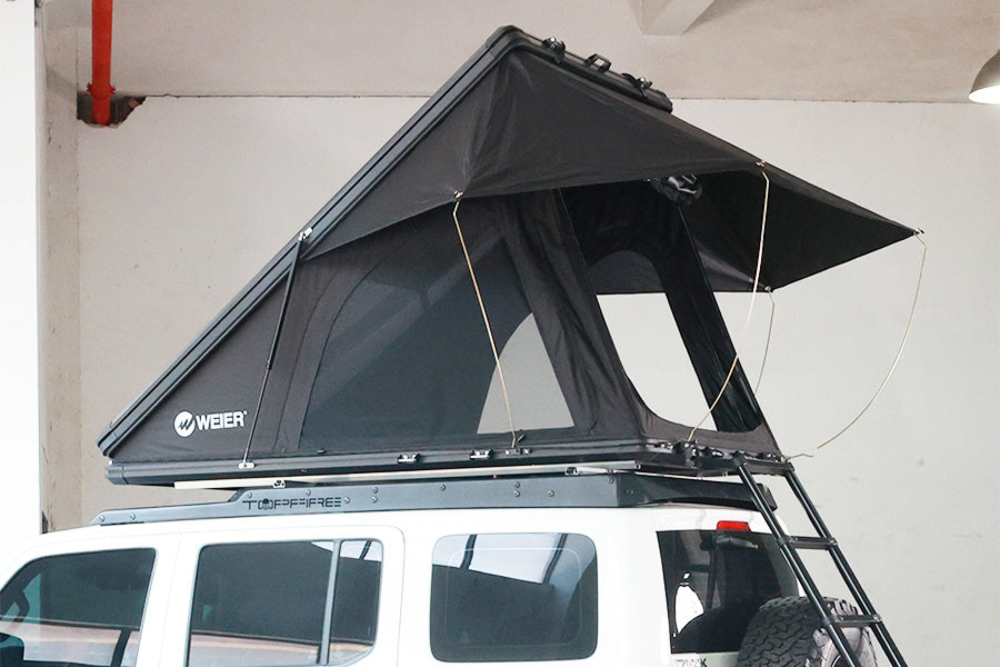 WEIER WERT-001S Vehicle Hard shell Triangle Roof Top Tent - For Car / RV / Pickup / Van / Camper / 4x4 - 2 Person 300Kg + 7mm Mattress + Ladder + LED Light + Shoe Bag