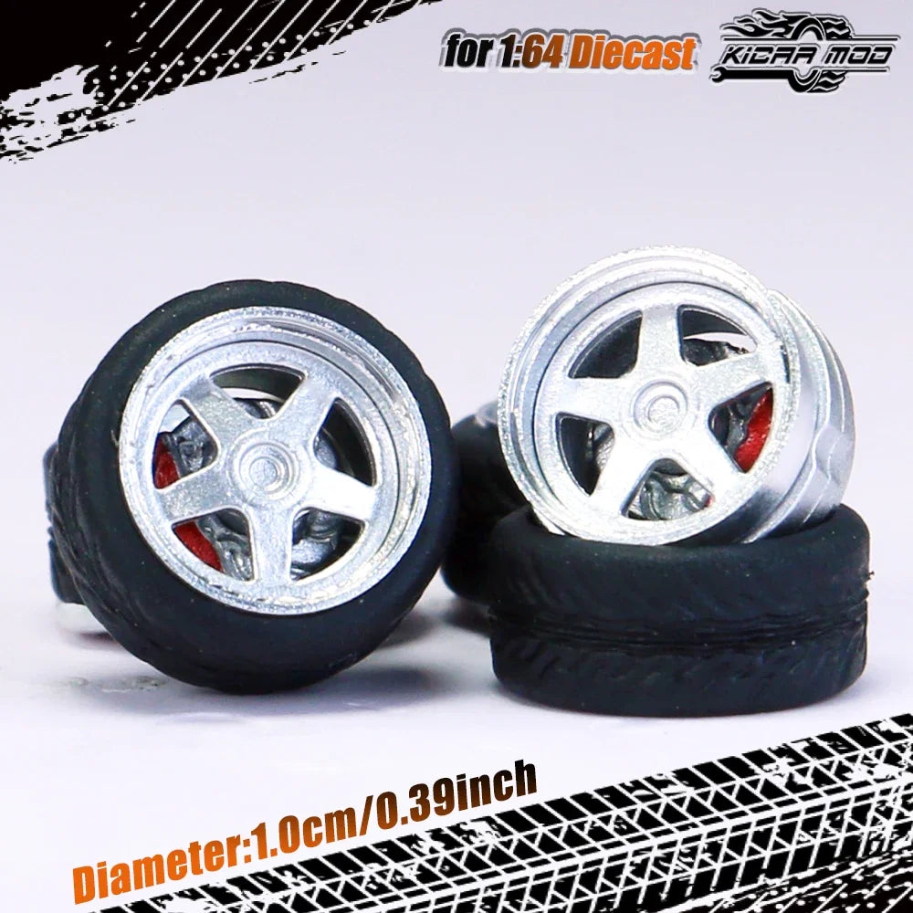Kicarmod 1/64 Model Car ABS Wheels with Rubber Tire Brake Disc Metal Rims Diameter 10mm Refitting Parts For Model Car Hot Wheels