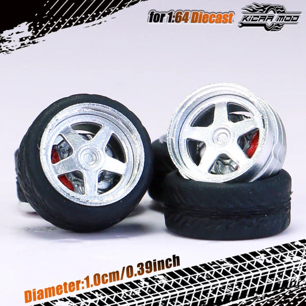 Kicarmod 1/64 Model Car ABS Wheels with Rubber Tire Brake Disc Metal Rims Diameter 10mm Refitting Parts For Model Car Hot Wheels