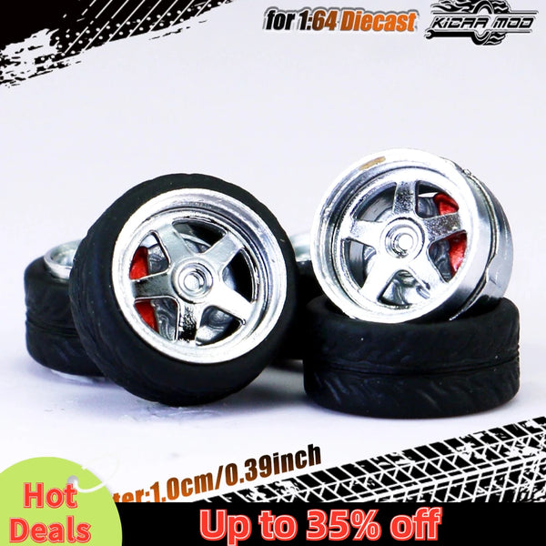 Kicarmod 1/64 Model Car ABS Wheels with Rubber Tire Brake Disc Metal Rims Diameter 10mm Refitting Parts For Model Car Hot Wheels