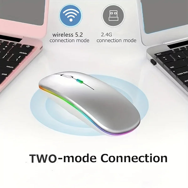 Ultra-Slim Wireless Rechargeable Mouse with LED Lighting, Dual Mode (BT & 2.4G), Compatible with iPad, Laptop, PC, Mac, Windows