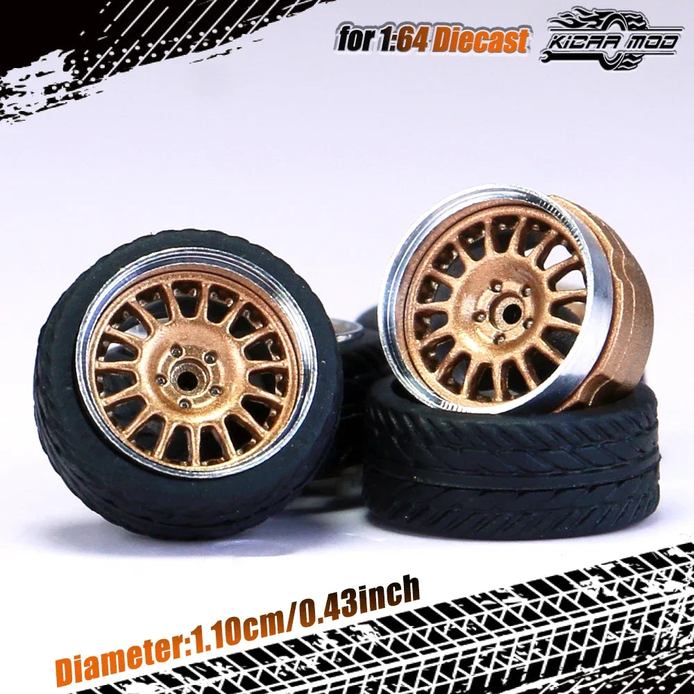 Kicarmod 1/64 Model Car ABS Wheels with Rubber Tire Rivet Axle Metal Rims Diameter 11mm Refitting Parts For Model Car Hot Wheels