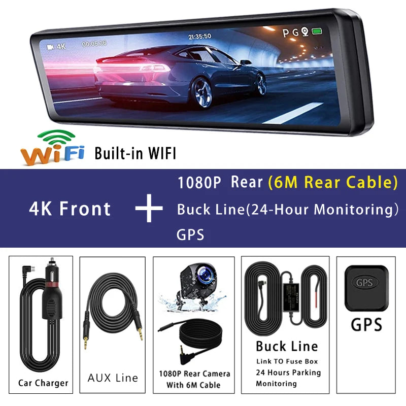 Dash Cam 11.26" 4K 2160P GPS WIFI Car Dvr Mirror Dual Lens Dashcam IPS Screen Car Camera Drive Recorder Stream RearView Mirror