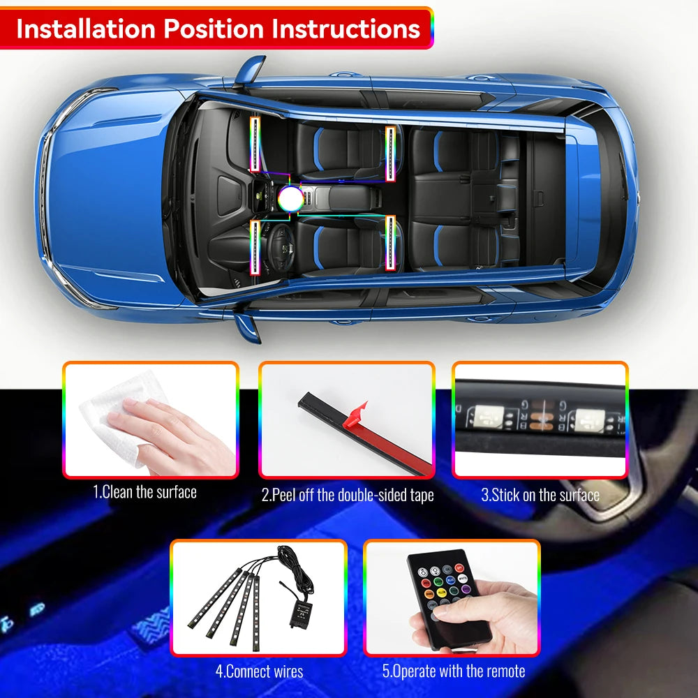 RGB Automotive Atmosphere Decorative Lamp Led Interior Light Strip Car Foot Ambient Lights with USB Cigarette with Remote Voice
