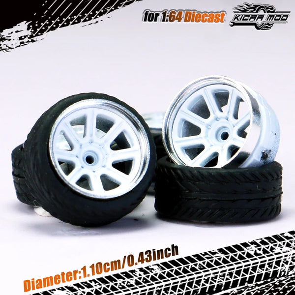 Kicarmod 1/64 Model Car ABS Wheels with Rubber Tire Rivet Axle Metal Rims Diameter 11mm Refitting Parts For Model Car Hot Wheels
