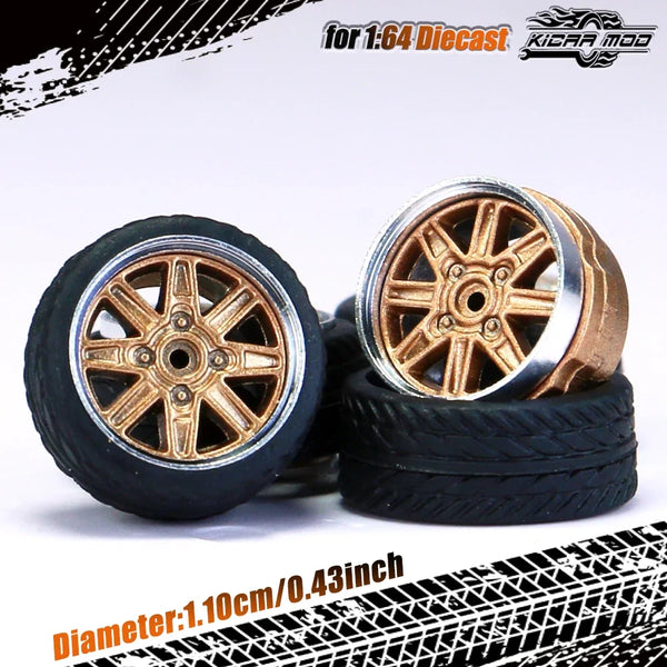Kicarmod 1/64 Model Car ABS Wheels with Rubber Tire Rivet Axle Metal Rims Diameter 11mm Refitting Parts For Model Car Hot Wheels
