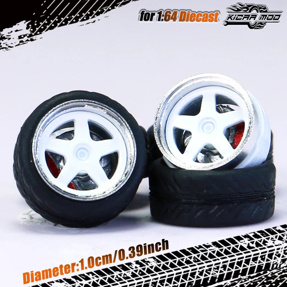 Kicarmod 1/64 Model Car ABS Wheels with Rubber Tire Brake Disc Metal Rims Diameter 10mm Refitting Parts For Model Car Hot Wheels