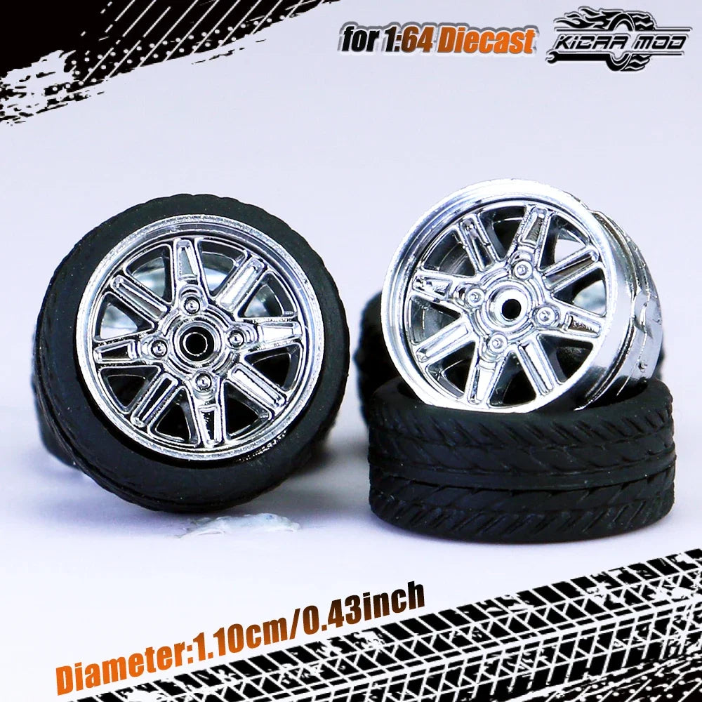 Kicarmod 1/64 Model Car ABS Wheels with Rubber Tire Rivet Axle Metal Rims Diameter 11mm Refitting Parts For Model Car Hot Wheels