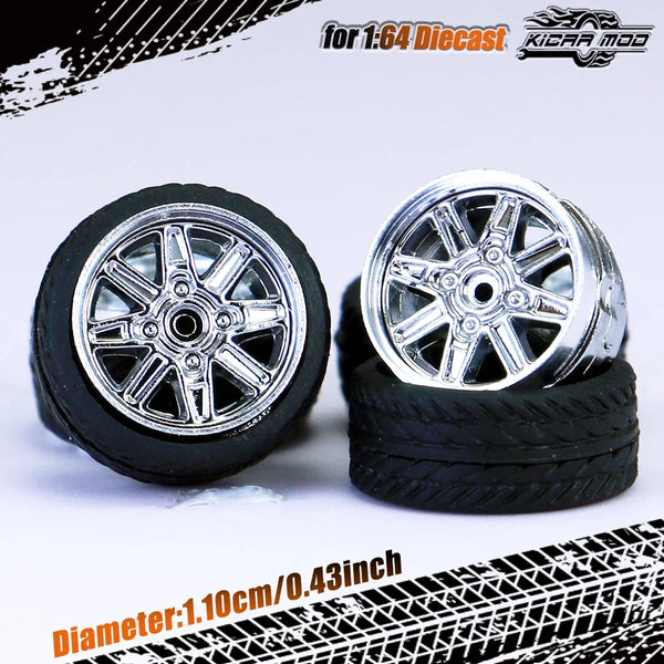 Kicarmod 1/64 Model Car ABS Wheels with Rubber Tire Rivet Axle Metal Rims Diameter 11mm Refitting Parts For Model Car Hot Wheels