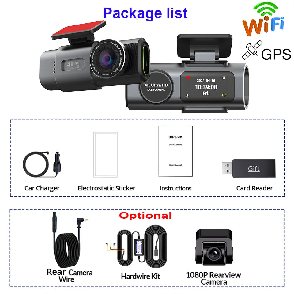 Dash Cam Dual Lens 4K UHD Recording Car Camera DVR Night Vision Video Recorder Support GPS Wi-Fi Room Black Box Rear View Camera