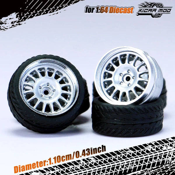 Kicarmod 1/64 Model Car ABS Wheels with Rubber Tire Rivet Axle Metal Rims Diameter 11mm Refitting Parts For Model Car Hot Wheels