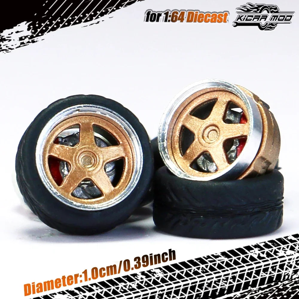 Kicarmod 1/64 Model Car ABS Wheels with Rubber Tire Brake Disc Metal Rims Diameter 10mm Refitting Parts For Model Car Hot Wheels