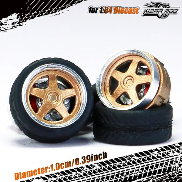 Kicarmod 1/64 Model Car ABS Wheels with Rubber Tire Brake Disc Metal Rims Diameter 10mm Refitting Parts For Model Car Hot Wheels