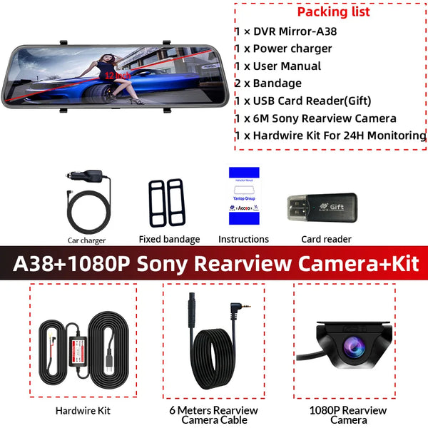 ACCEO Dashcam 12 Inch Touch Screen Car Room Mirror Video Recorder Dash Cam For Cars DVR With Sony RearView Camera Car Black Box
