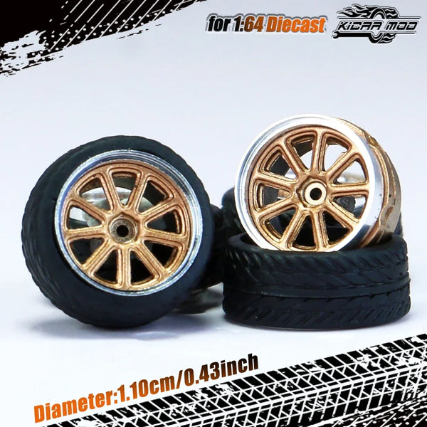 Kicarmod 1/64 Model Car ABS Wheels with Rubber Tire Rivet Axle Metal Rims Diameter 11mm Refitting Parts For Model Car Hot Wheels